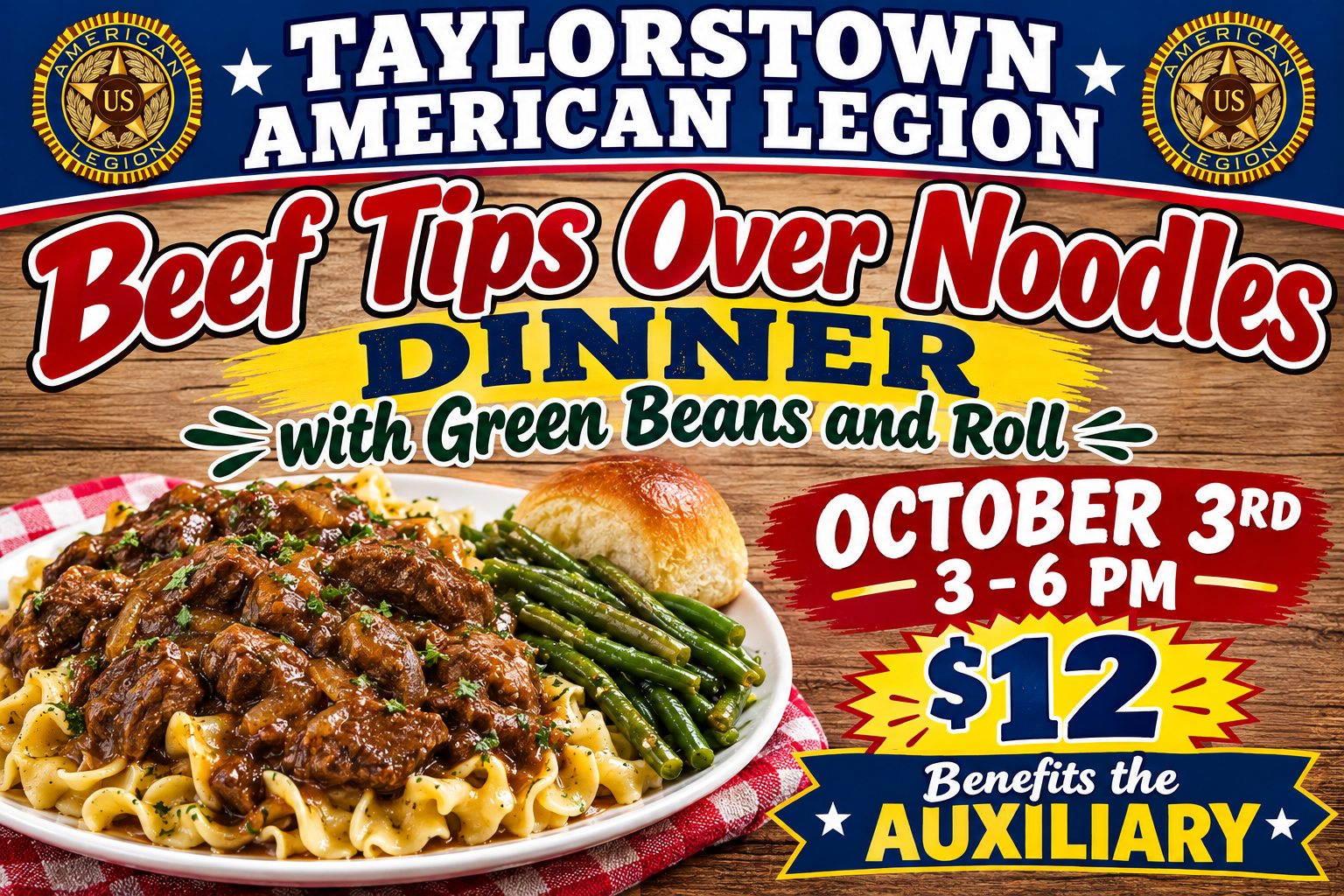 Beef tips and noodles dinner event poster or photo